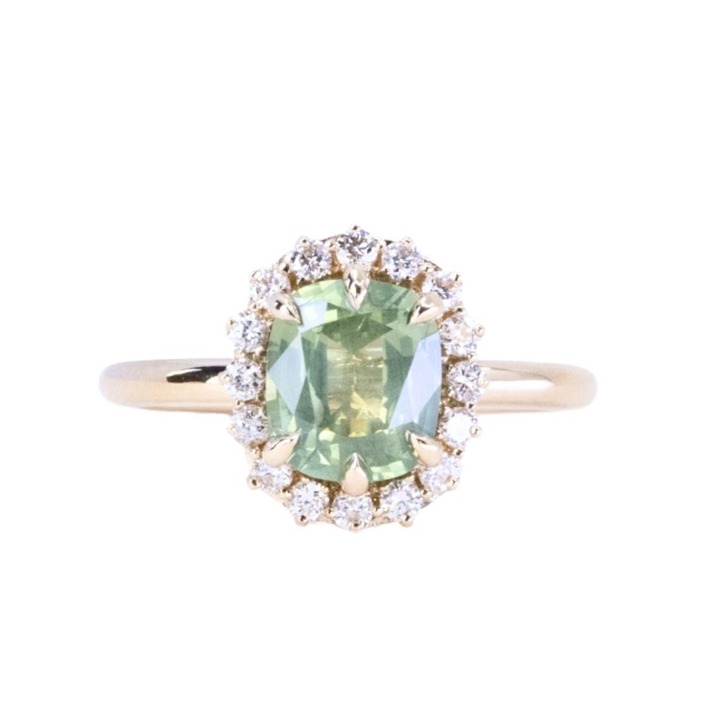 1.99ct "Old Mine Cushion" cut Silky Light Green Montana Sapphire Antique-Style Diamond Halo Ring in 14k Yellow Gold