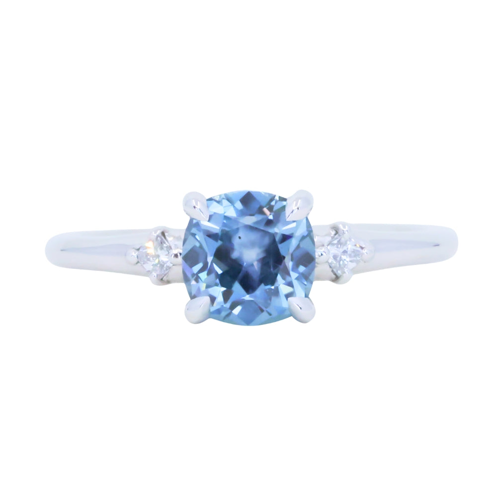 1.66ct Untreated Old Mine Cut Montana Sapphire and Princess Cut Diamond Rapids Low Profile Ring in 14k White Gold