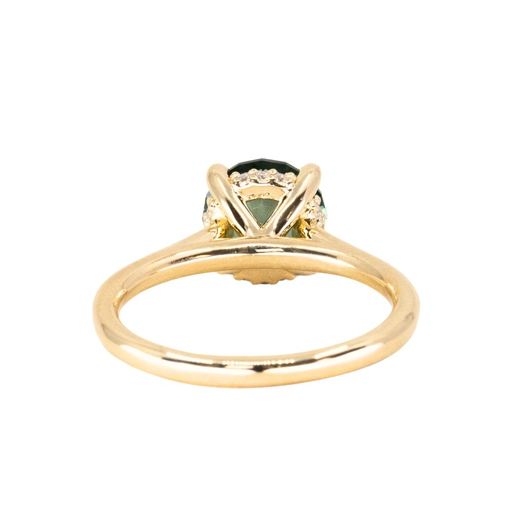 2.38ct Untreated GIA Round Montana Sapphire Four Prong Hidden Halo Solitaire in 18k Yellow Gold