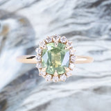 1.99ct "Old Mine Cushion" cut Silky Light Green Montana Sapphire Antique-Style Diamond Halo Ring in 14k Yellow Gold