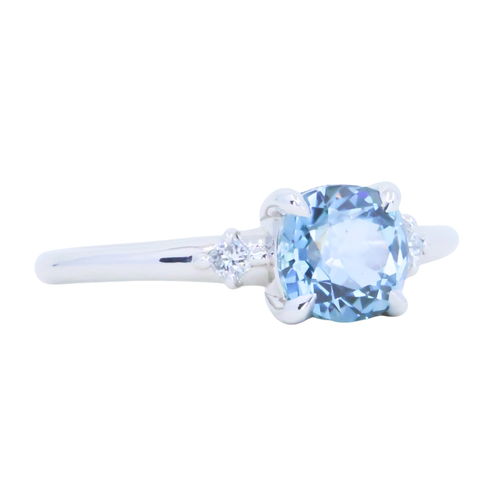 1.66ct Untreated Old Mine Cut Montana Sapphire and Princess Cut Diamond Rapids Low Profile Ring in 14k White Gold