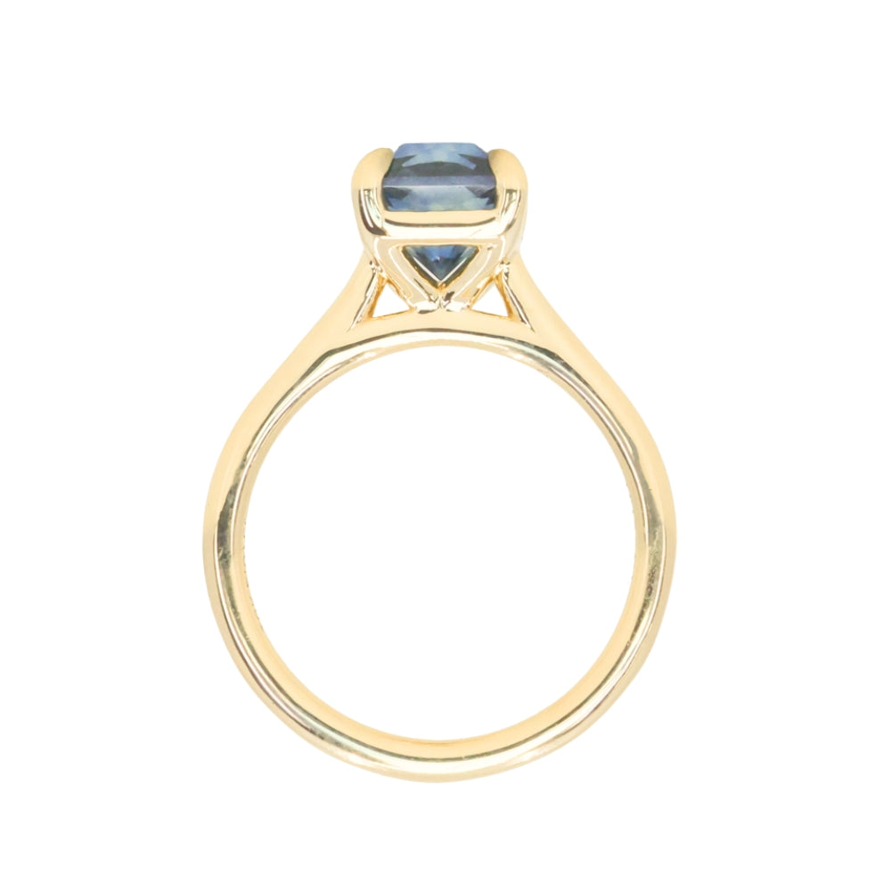 2.67ct Untreated Radiant Cut Montana Sapphire Four Prong Cathedral Solitaire in 18k Yellow Gold