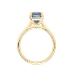 2.67ct Untreated Radiant Cut Montana Sapphire Four Prong Cathedral Solitaire in 18k Yellow Gold