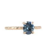 1.35ct Oval Medium Teal Blue Montana Sapphire Evergreen Carved 4 Prong Solitaire in 14k Yellow Gold