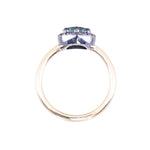 1.40ct Fantasy Carved Untreated Montana Sapphire and Antiqued Diamond Halo ring in 14k Yellow Gold