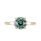 2.35ct Round Unheated Montana Sapphire and Natural Pear Diamond Three Stone Low Profile Ring in 14k Yellow Gold