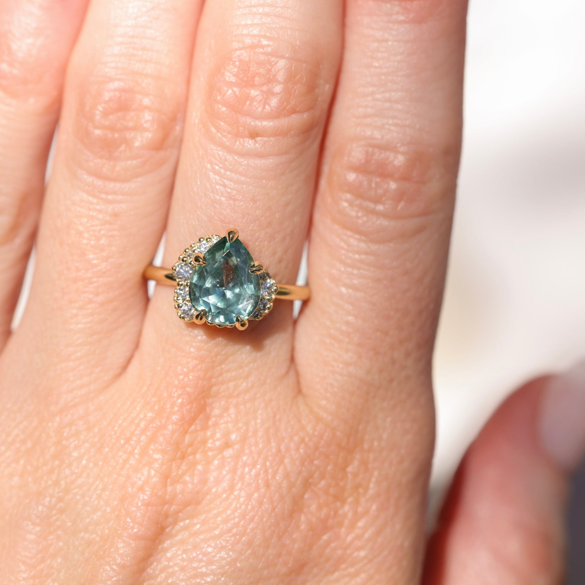 3.34ct  Untreated Pear Montana Sapphire and Diamond Asymmetrical Cluster Ring in 18k Yellow Gold