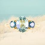 1.74ct Unheated Oval Montana Sapphire and Madagascar Sapphire Low Profile Three Stone Ring in 18k Yellow Gold
