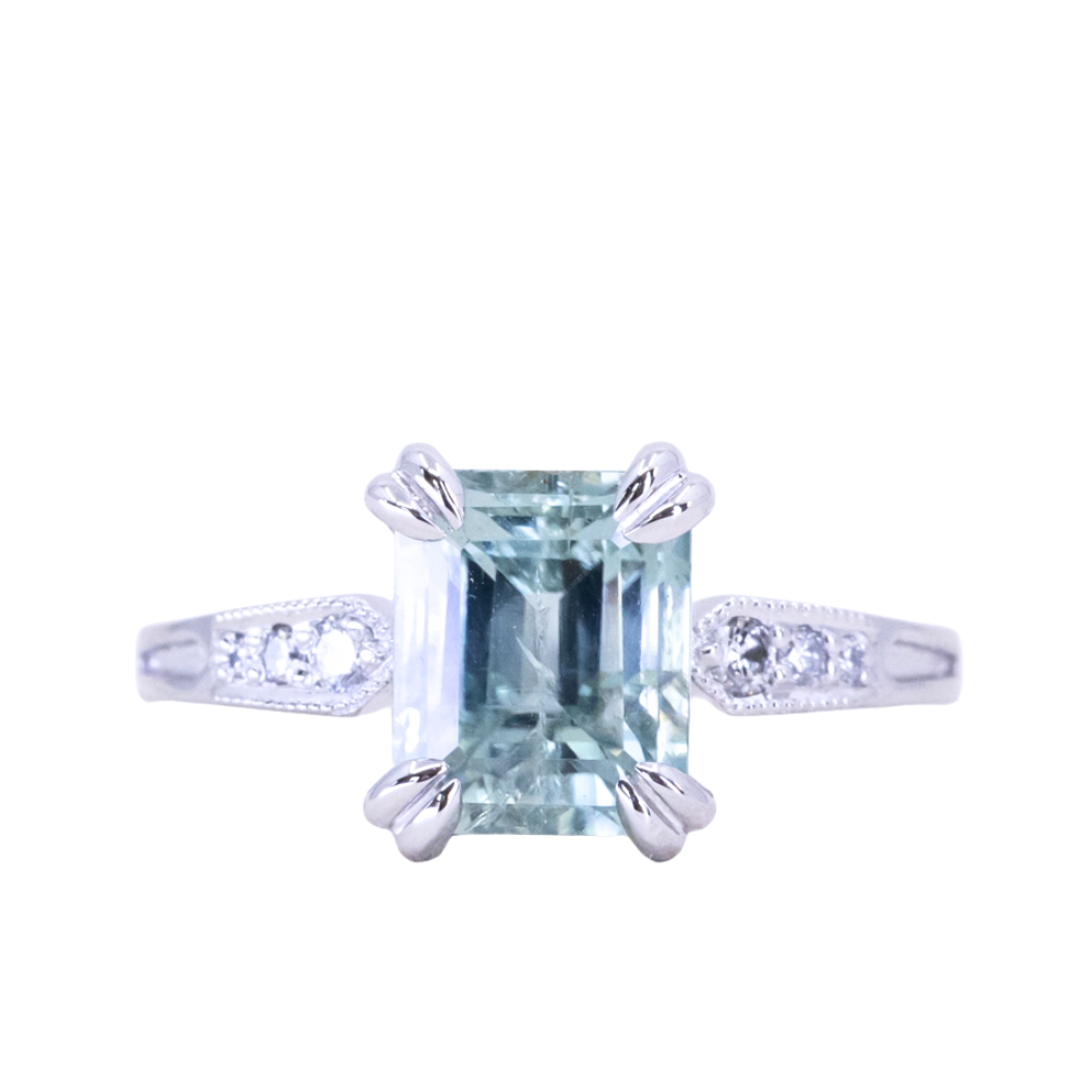 3.84ct Emerald Cut Unheated Light Aqua Blue Montana Sapphire Double Claw Prong Low Profile Milgrain and Diamond Vintage Cathedral Wedding Set in Platinum