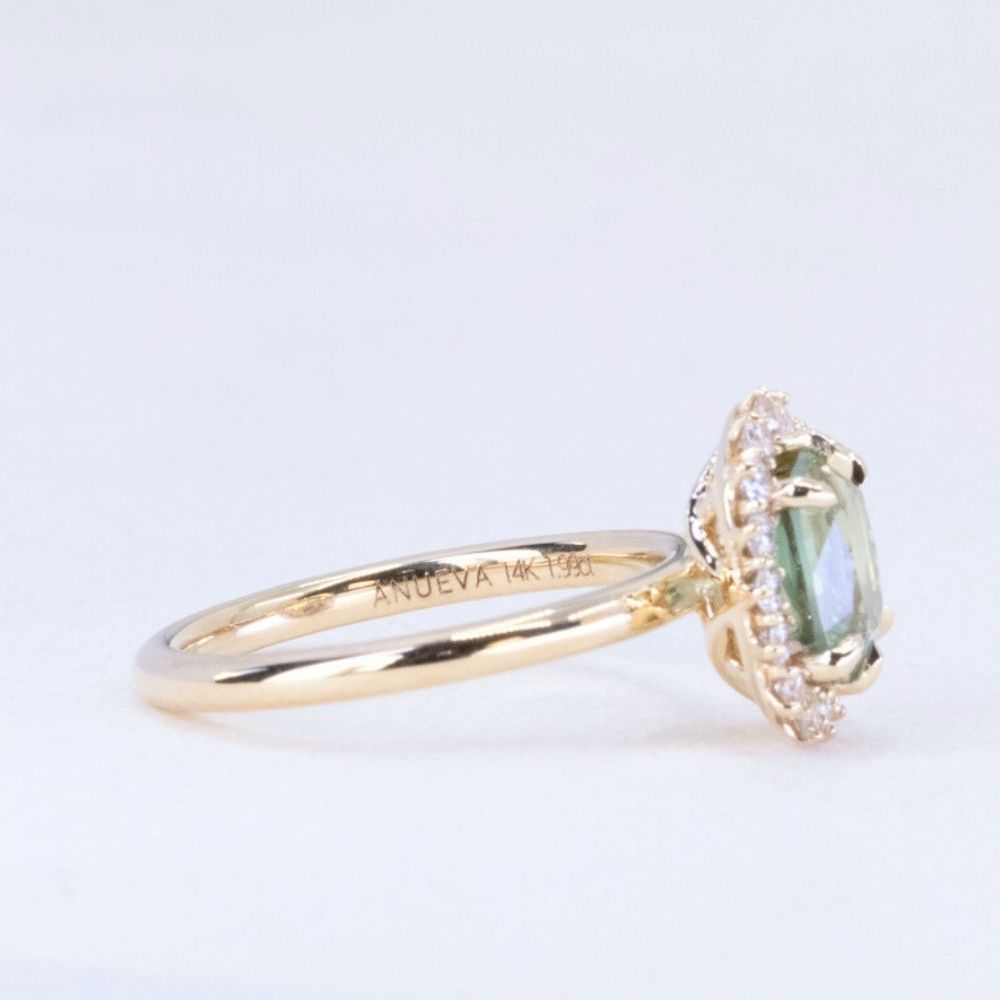 1.99ct "Old Mine Cushion" cut Silky Light Green Montana Sapphire Antique-Style Diamond Halo Ring in 14k Yellow Gold