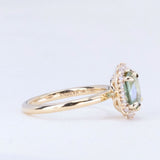 1.99ct "Old Mine Cushion" cut Silky Light Green Montana Sapphire Antique-Style Diamond Halo Ring in 14k Yellow Gold