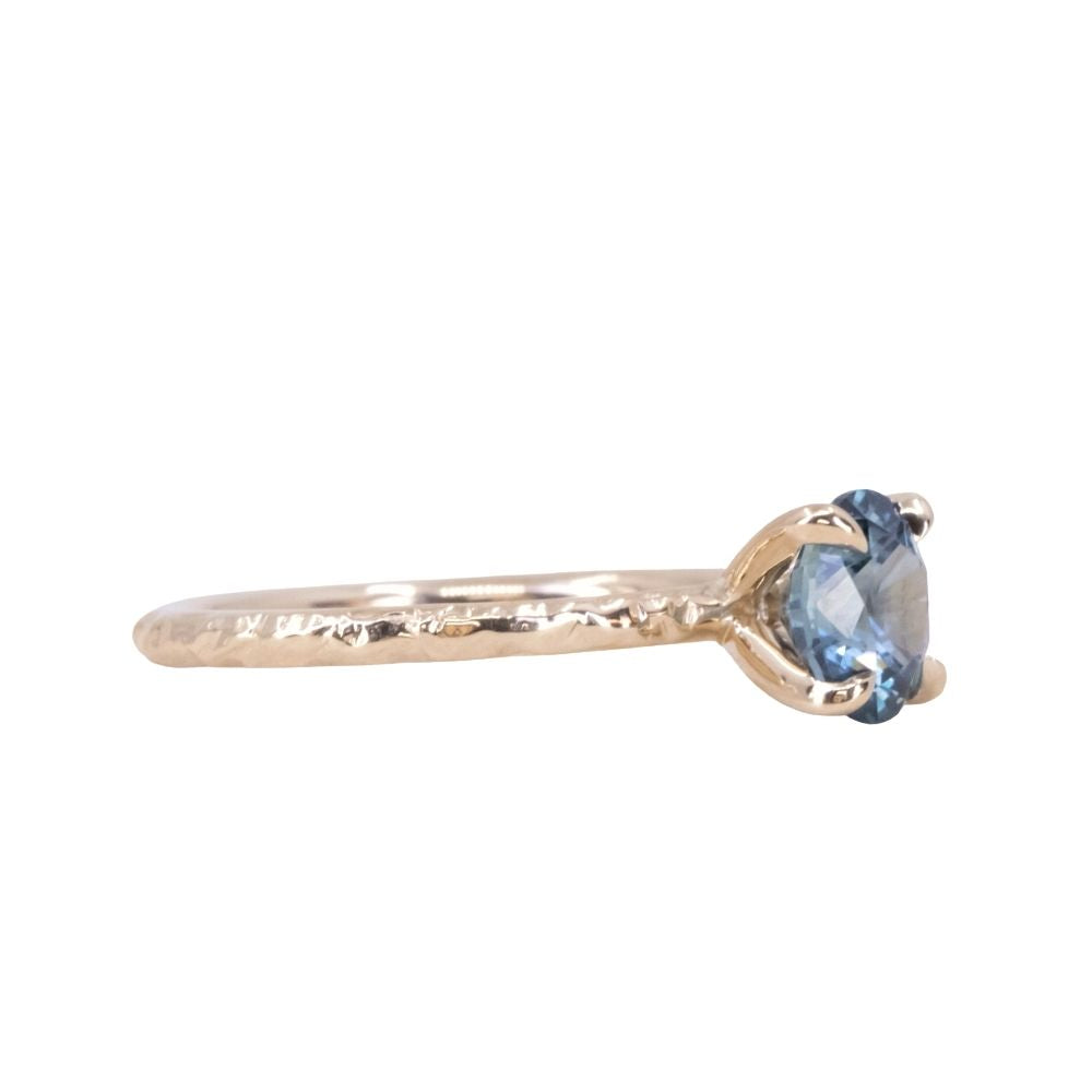 1.35ct Oval Medium Teal Blue Montana Sapphire Evergreen Carved 4 Prong Solitaire in 14k Yellow Gold