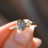 0.67ct Untreated Elongated Hexagon Montana Sapphire & 0.11ct Round Antique Old Mine Cut Diamond Toi Et Moi Ring in 14k Yellow Gold