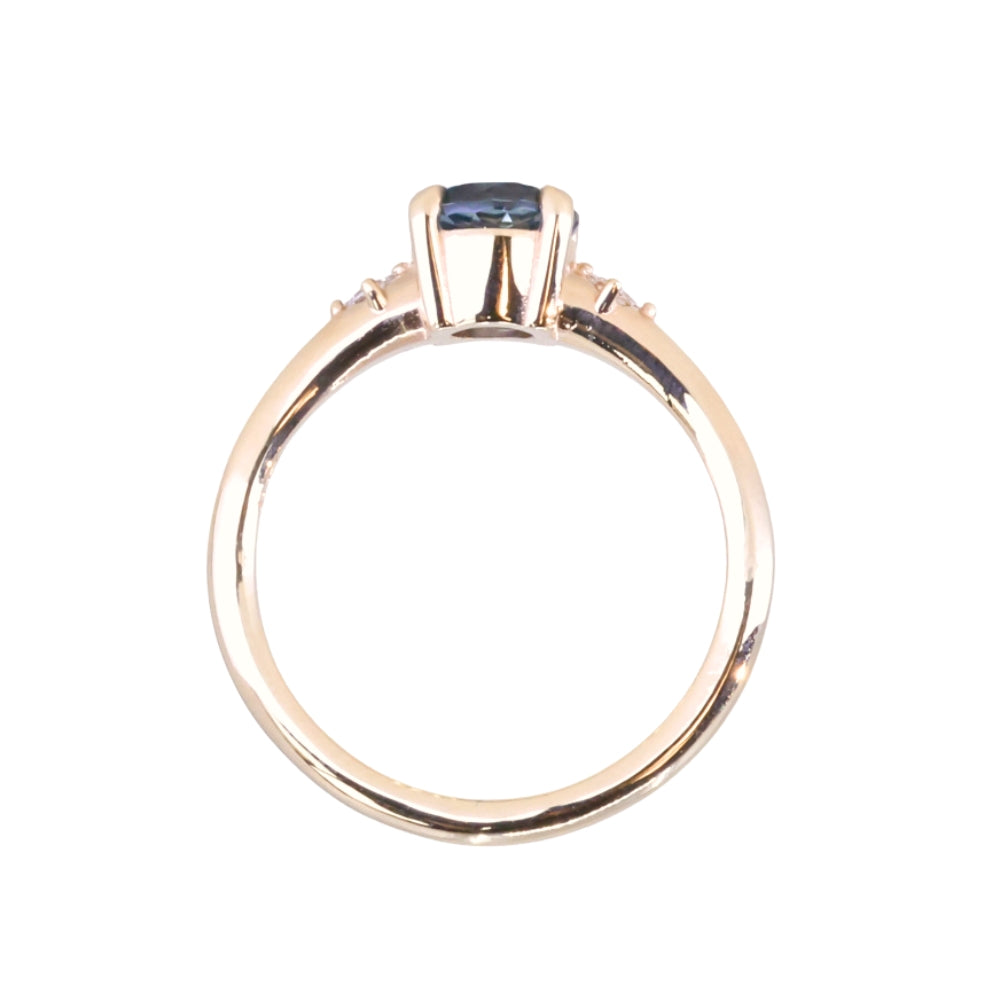 1.28ct Round Untreated Color Shifting Montana Sapphire and Princess Cut Diamond Rapids Low Profile Ring in 14k Yellow Gold