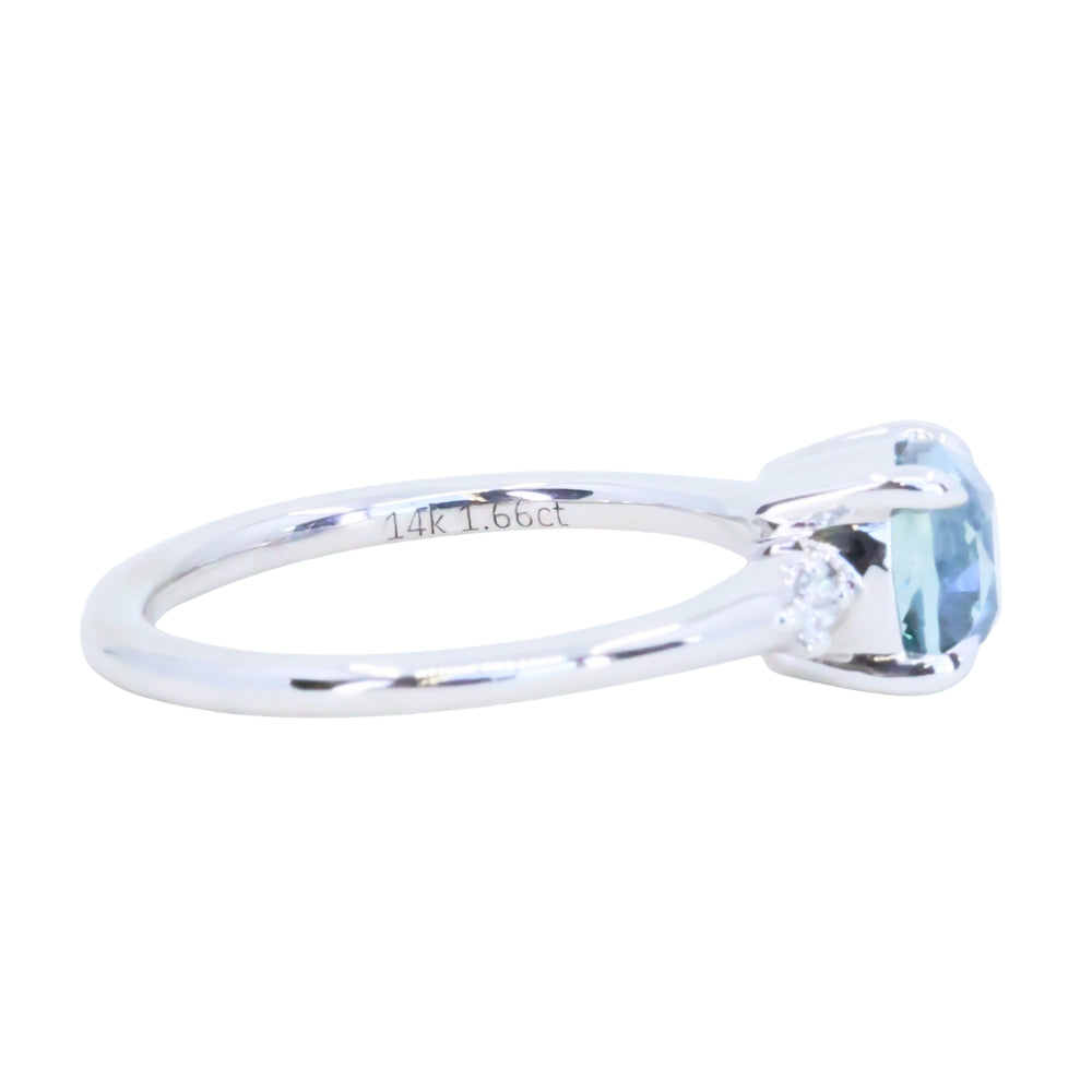 1.66ct Untreated Old Mine Cut Montana Sapphire and Princess Cut Diamond Rapids Low Profile Ring in 14k White Gold