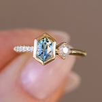 0.67ct Untreated Elongated Hexagon Montana Sapphire & 0.11ct Round Antique Old Mine Cut Diamond Toi Et Moi Ring in 14k Yellow Gold