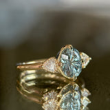 2.07ct Untreated Fantasy Cut Montana Sapphire and Diamond  Antique Milgrain Three Stone Low Profile Ring in 14k Yellow Gold