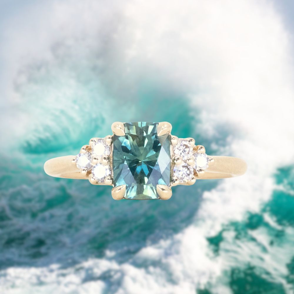 1.55ct Precision Radiant Cut Teal Montana Sapphire and Diamond Cluster Evergreen Ring in 14k Yellow Gold