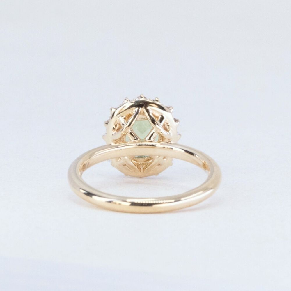 1.99ct "Old Mine Cushion" cut Silky Light Green Montana Sapphire Antique-Style Diamond Halo Ring in 14k Yellow Gold