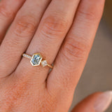 0.67ct Untreated Elongated Hexagon Montana Sapphire & 0.11ct Round Antique Old Mine Cut Diamond Toi Et Moi Ring in 14k Yellow Gold