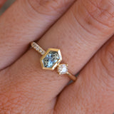 0.67ct Untreated Elongated Hexagon Montana Sapphire & 0.11ct Round Antique Old Mine Cut Diamond Toi Et Moi Ring in 14k Yellow Gold