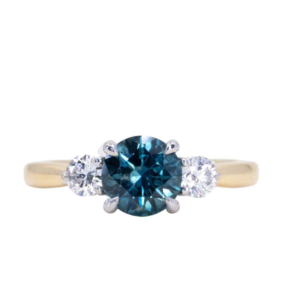 1.57ct Ocean Blue Round Montana Sapphire and Lab Diamond Three Stone Ring in Two Tone Gold