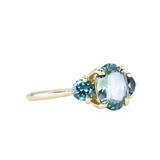 1.74ct Unheated Oval Montana Sapphire and Madagascar Sapphire Low Profile Three Stone Ring in 18k Yellow Gold