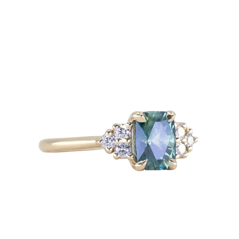 1.55ct Precision Radiant Cut Teal Montana Sapphire and Diamond Cluster Evergreen Ring in 14k Yellow Gold