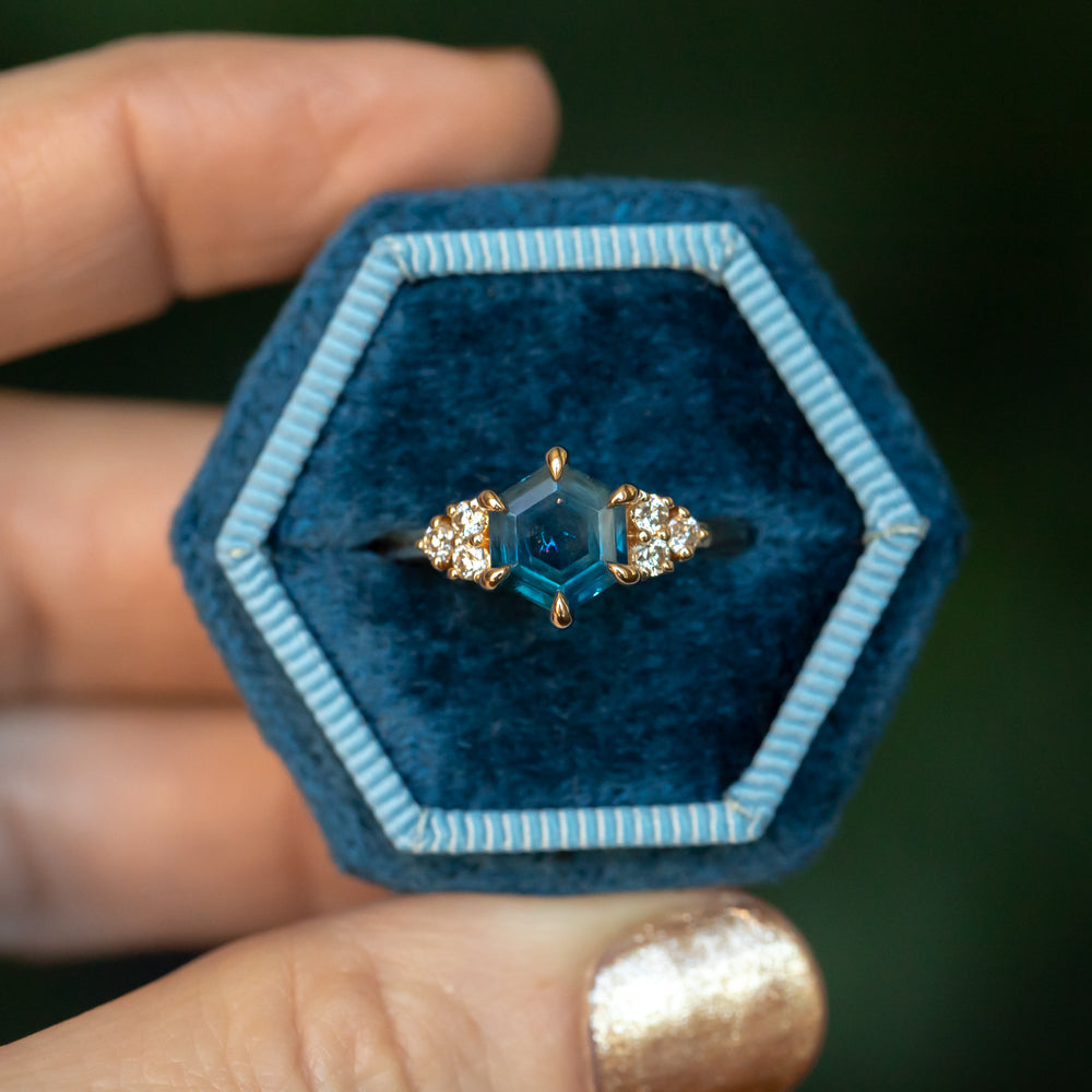 1.45ct Hexagon Silky Blue Montana Sapphire and Diamond Cluster Ring in 18k Yellow Gold