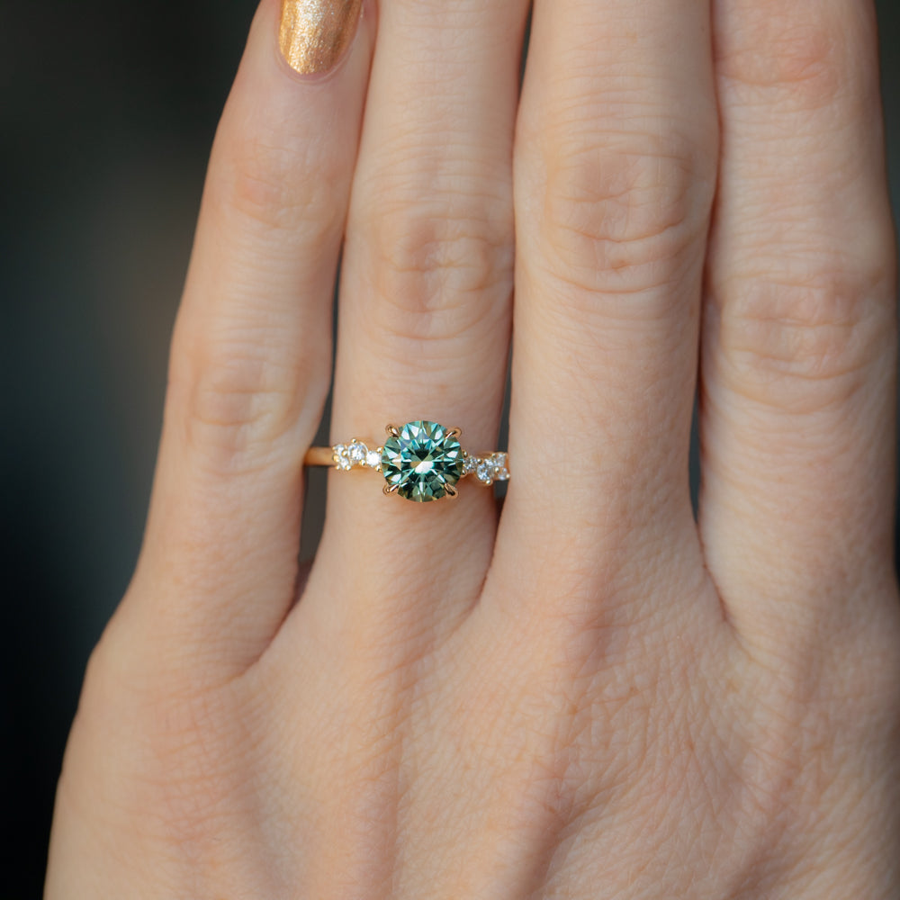 1.50ct Precision Cut Minty Teal Montana Sapphire and Diamond ring in 14k Yellow Gold