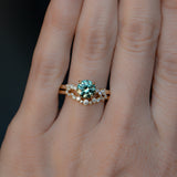 1.50ct Precision Cut Minty Teal Montana Sapphire and Diamond ring in 14k Yellow Gold