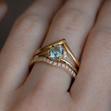 0.95ct Round Light Blue Montana Sapphire Low Profile Diamond fan ring in 14k Yellow Gold