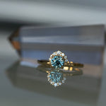 0.95ct Round Light Blue Montana Sapphire Low Profile Diamond fan ring in 14k Yellow Gold