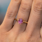 1.35ct Oval Hot Pink Montana Sapphire Evergreen Carved 4 Prong Solitaire in 14k Yellow Gold