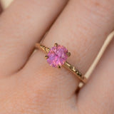 1.35ct Oval Hot Pink Montana Sapphire Evergreen Carved 4 Prong Solitaire in 14k Yellow Gold