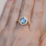 2.70ct Midnight Hexagon Montana Sapphire and Diamond Halo Bezel Set Split Shank Ring In 18k Yellow Gold