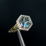 2.70ct Midnight Hexagon Montana Sapphire and Diamond Halo Bezel Set Split Shank Ring In 18k Yellow Gold