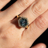 2.70ct Midnight Hexagon Montana Sapphire and Diamond Halo Bezel Set Split Shank Ring In 18k Yellow Gold