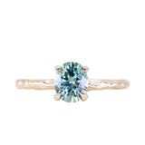 1.30ct Oval Light Teal Blue Precision Cut Montana Sapphire Evergreen Carved 4 Prong Solitaire in 14k Yellow Gold