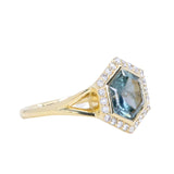 2.70ct Midnight Hexagon Montana Sapphire and Diamond Halo Bezel Set Split Shank Ring In 18k Yellow Gold