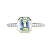 1.14ct Emerald Cut Parti Montana Sapphire Low Profile Bezel Solitaire Ring with French Set Diamonds in 14k Green Gold