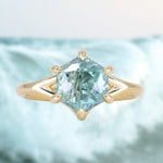 2.60ct Unheated Hexagon Montana Sapphire Low Profile Six Prong Split Shank Solitaire in 18k Yellow Gold