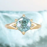 2.60ct Unheated Hexagon Montana Sapphire Low Profile Six Prong Split Shank Solitaire in 18k Yellow Gold