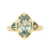 3.29ct Untreated Moval Montana Sapphire and Trillion Australian Sapphire Three Stone Scallop Cup Antique Style with Milgrain Low Profile Ring in 18k Yellow Gold