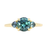 1.82ct Round Teal Precision Cut Montana Sapphire and Trillion Sapphire Low Profile Three Stone Ring in 18k Yellow Gold