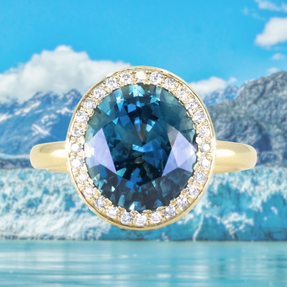 4.56ct Oval Blue Montana Sapphire "Corona" Style Halo Stackable Ring in 18k Yellow Gold