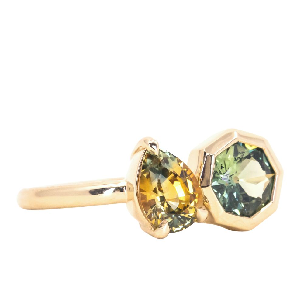 1.01CT PEAR SAPPHIRE AND 0.80CT OCTAGON SAPPHIRE LOW PROFILE RING IN 14K YELLOW GOLD