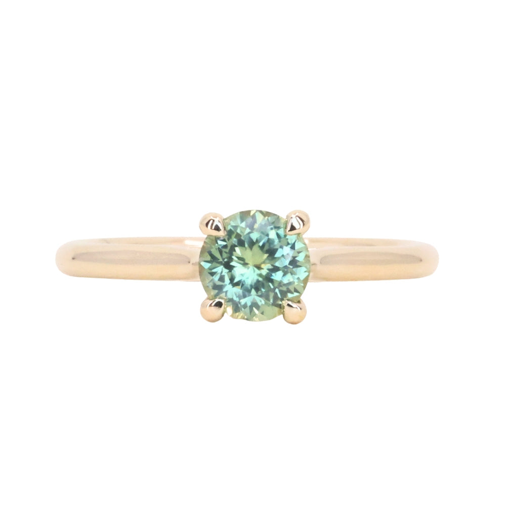 0.78ct Round Seafoam Teal Green Montana Sapphire Four Prong Lotus Solitaire in 14k Yellow Gold