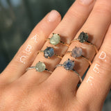 Rough Montana Sapphire Dainty Evergreen Prong Set Rings in 14k White, Yellow and Rose Gold