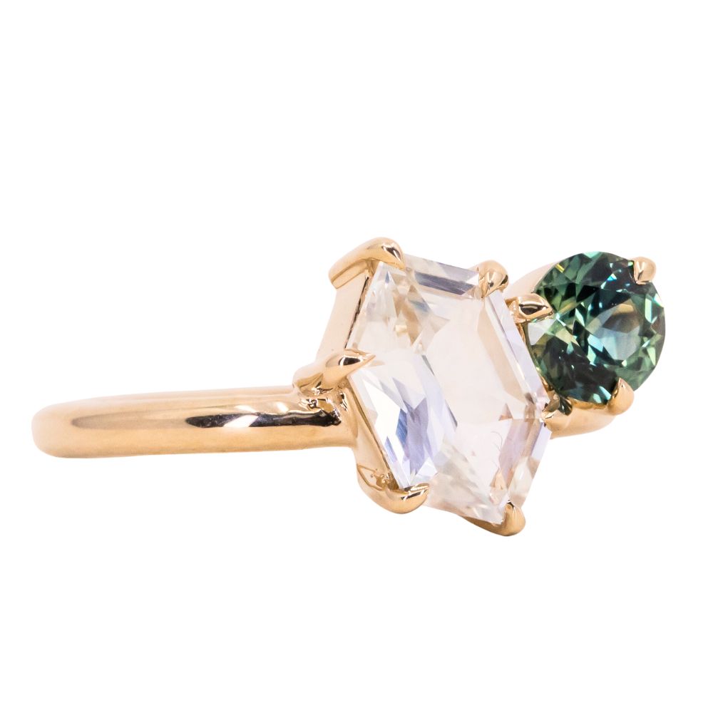 1.80ct Hexagon Sapphire & 0.69ct Round Montana Sapphire Toi Et Moi Ring in 14k Yellow Gold